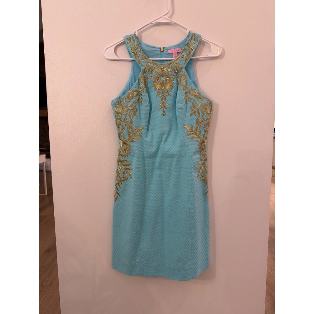 Lilly Pulitzer Tina Stretch sleeves Sheath Dress In Blue Ibiza Aqua & Gold Embro